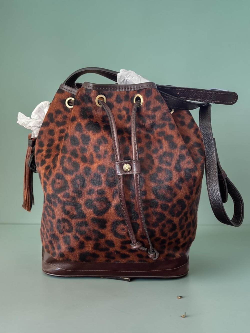 Patricia Nash Melrose Drawstring Leopard Haircalf Bucket Bag Crossbody Brown NWT